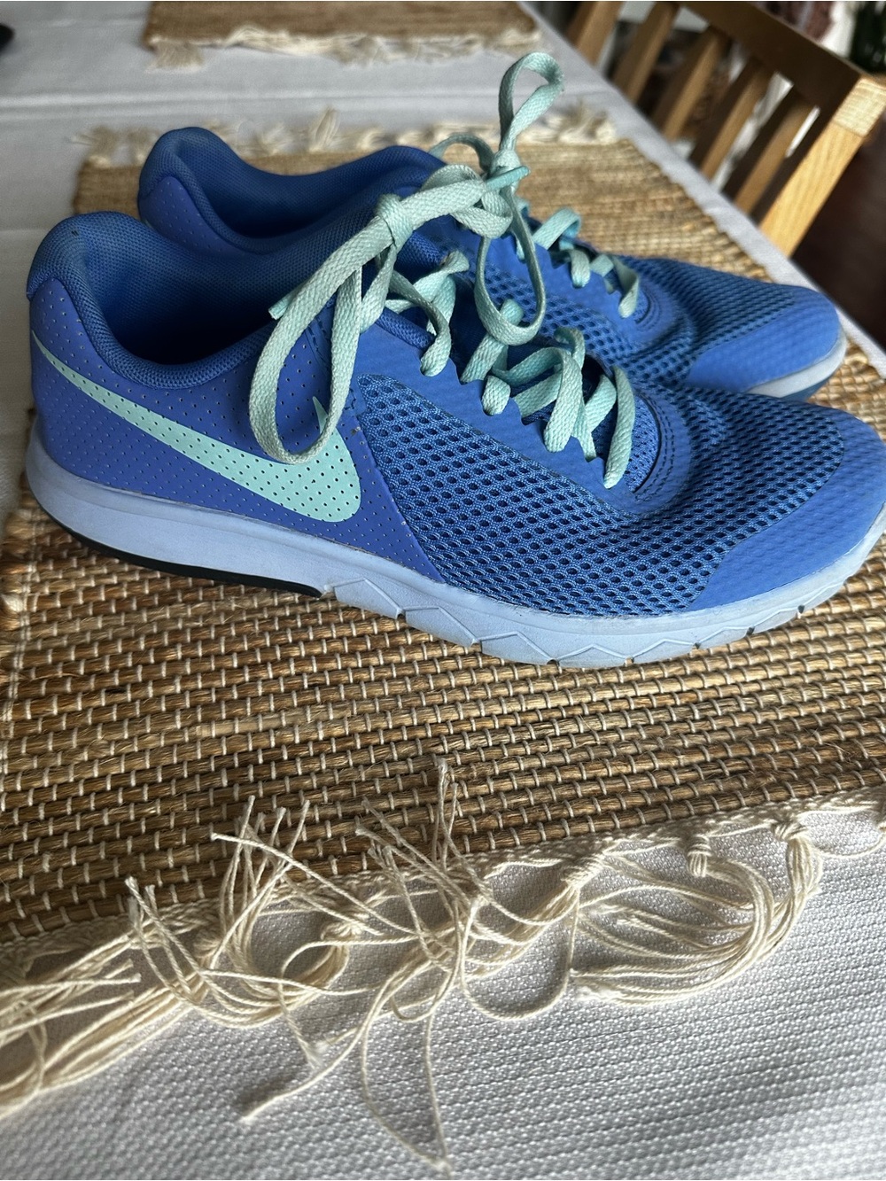 Nike Kids Blue Sneakers with Mint Swoosh and Laces